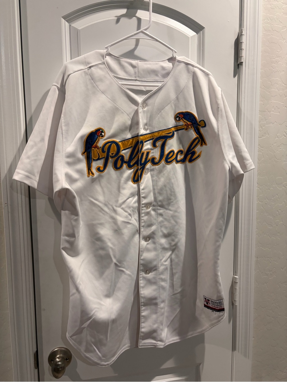 White Victory Baseball #12 Jersey with Yellow and Blue Parrot Embroidery